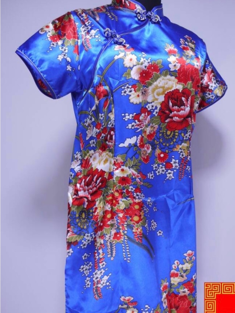 NEW Blue Floral Satin Cheongsam Qipao Dress